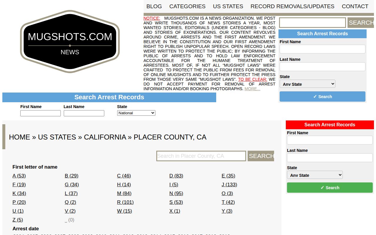 Historical unofficial Mugshots.com Placer County archive