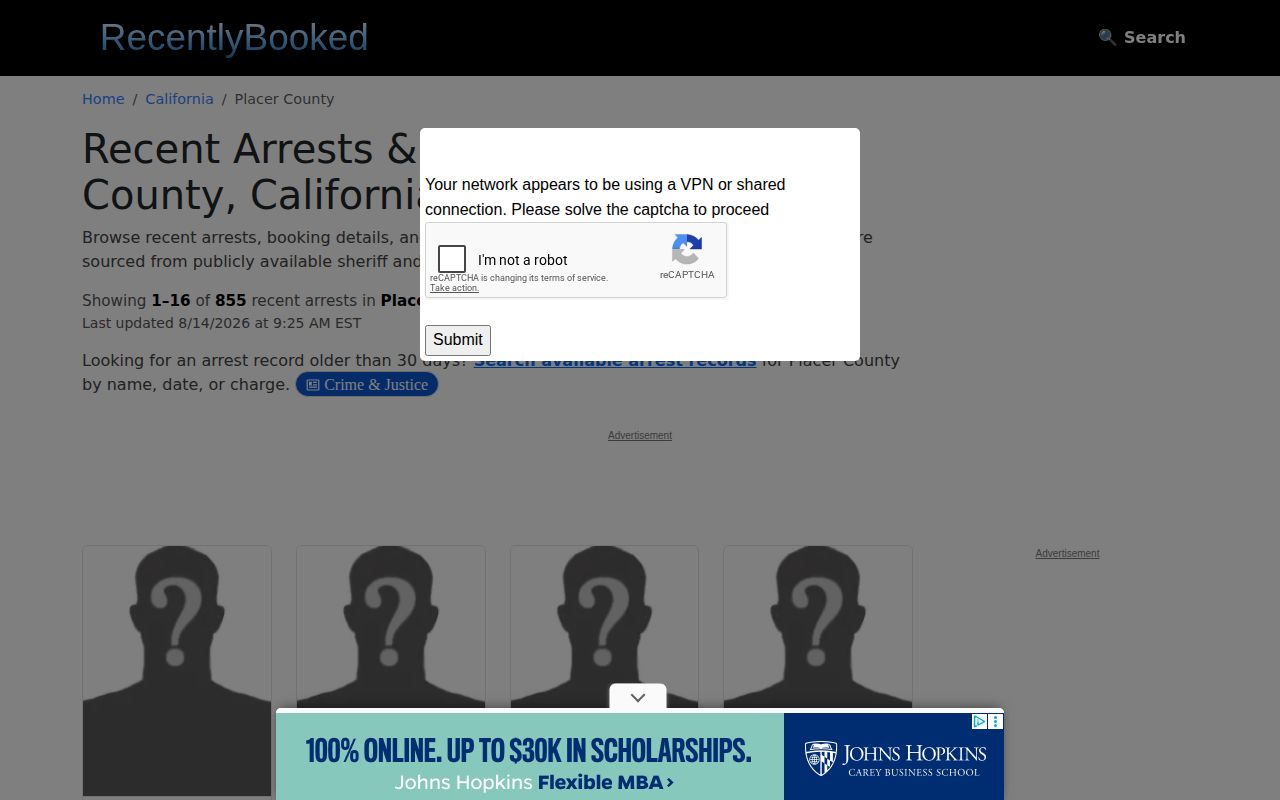 Unofficial RecentlyBooked Placer County arrest and mugshot index
