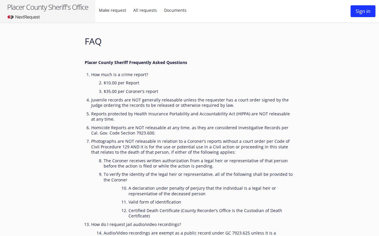 Placer County booking photo and jail record access policy