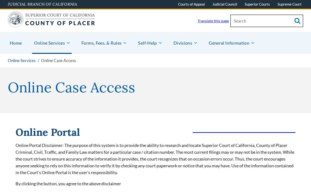 Placer County Superior Court criminal case record search