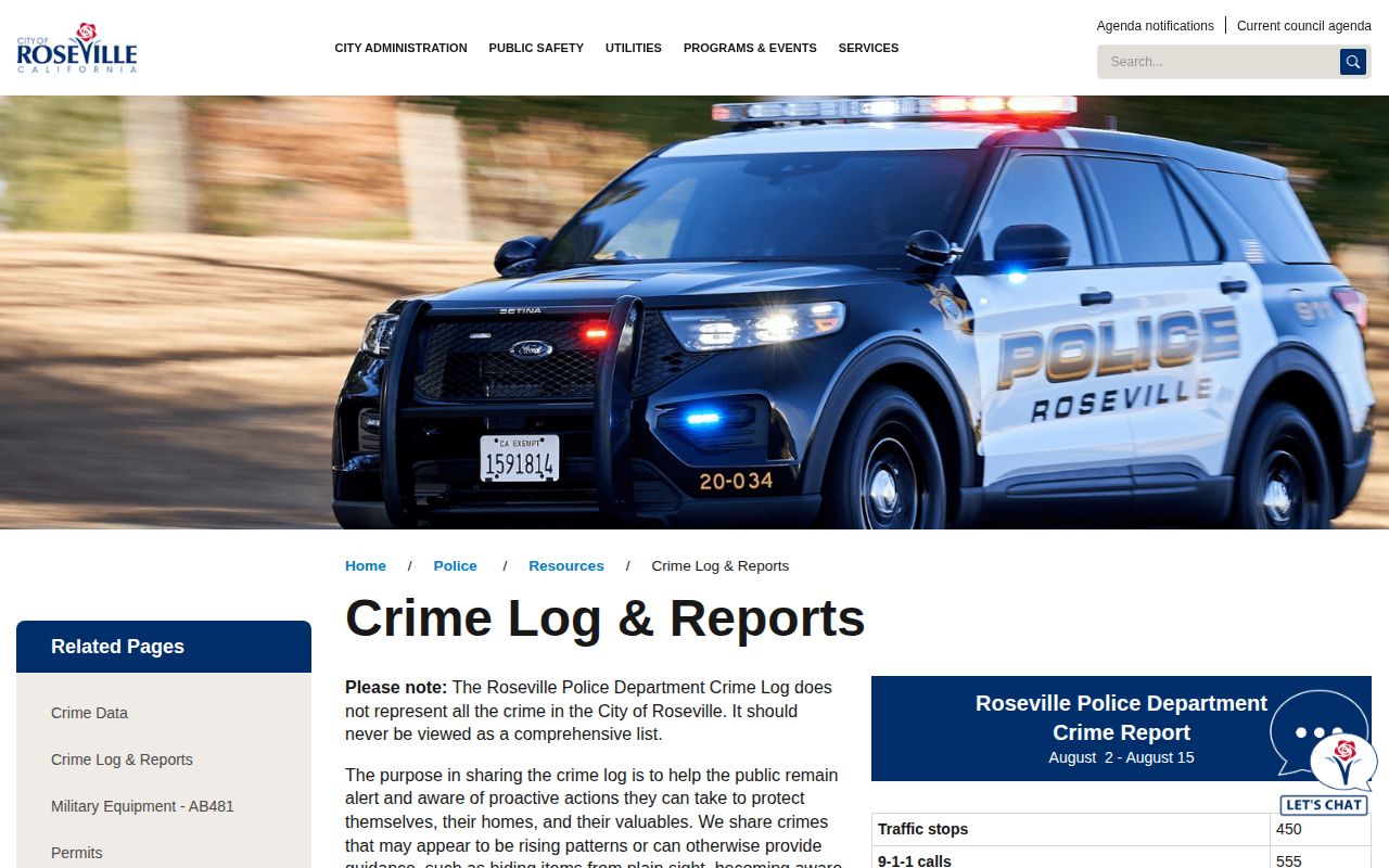 Roseville Police crime log for Roseville arrest records